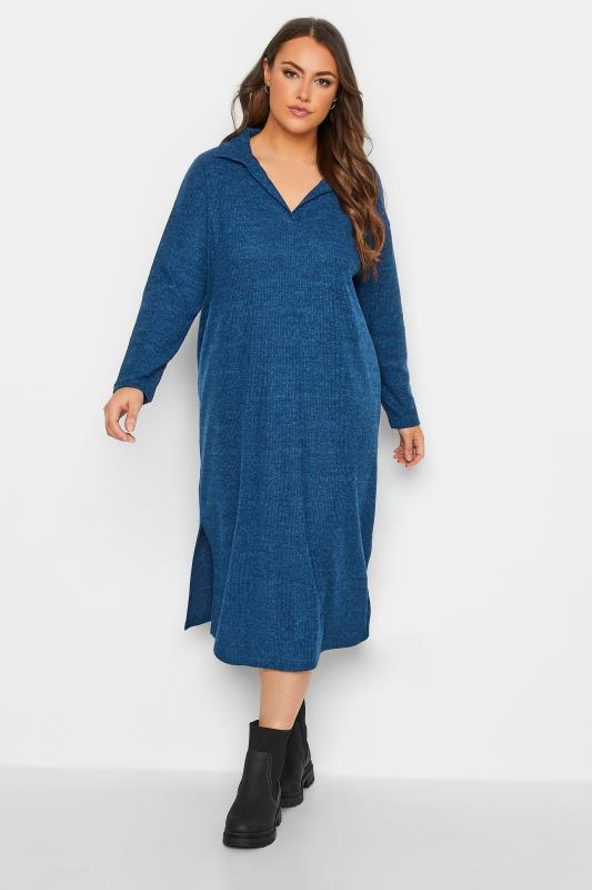 Plus Size  YOURS Curve Blue Soft Touch Open Collar Midi Jumper Dress