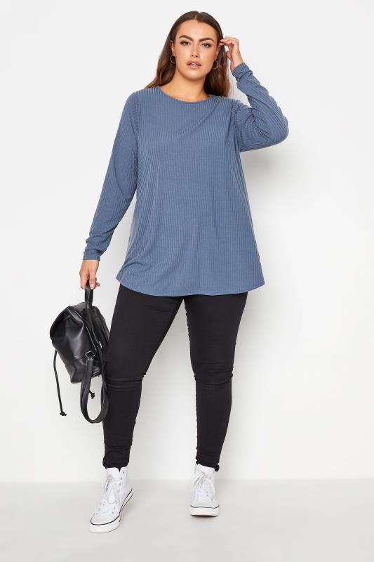 Plus Size LIMITED COLLECTION Blue Long Sleeve Ribbed Top | Yours Clothing 2