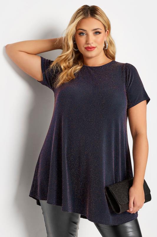 Curve Navy Blue & Copper Glitter Swing Top | Yours Clothing 1