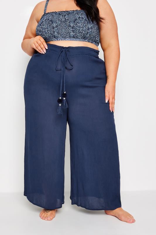YOURS Plus Size Navy Blue Wide Leg Tassel Beach Trousers | Yours Clothing 2