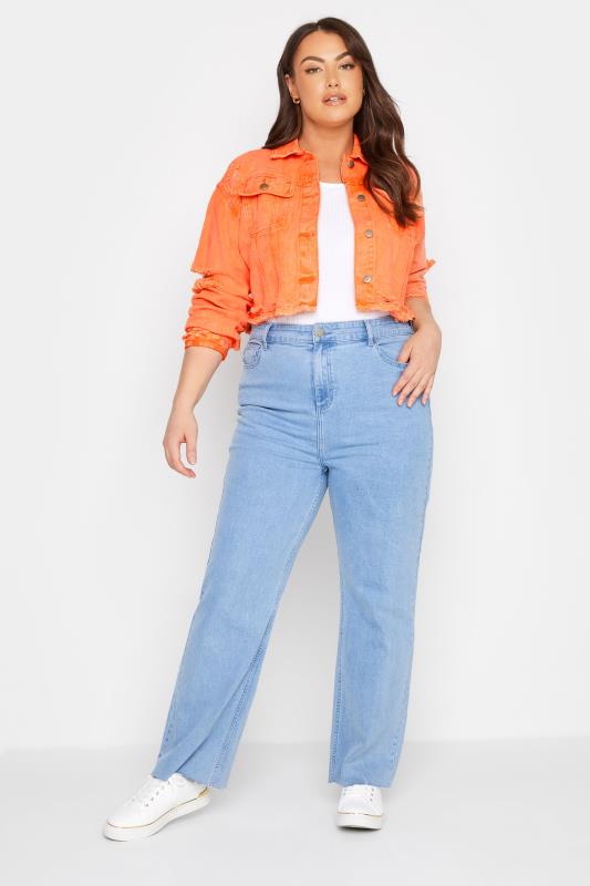 Plus Size Bright Orange Cropped Distressed Denim Jacket | Yours Clothing  3