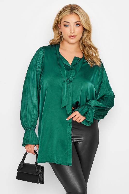YOURS LONDON Curve Emerald Green Satin Pleated Bow Blouse 1
