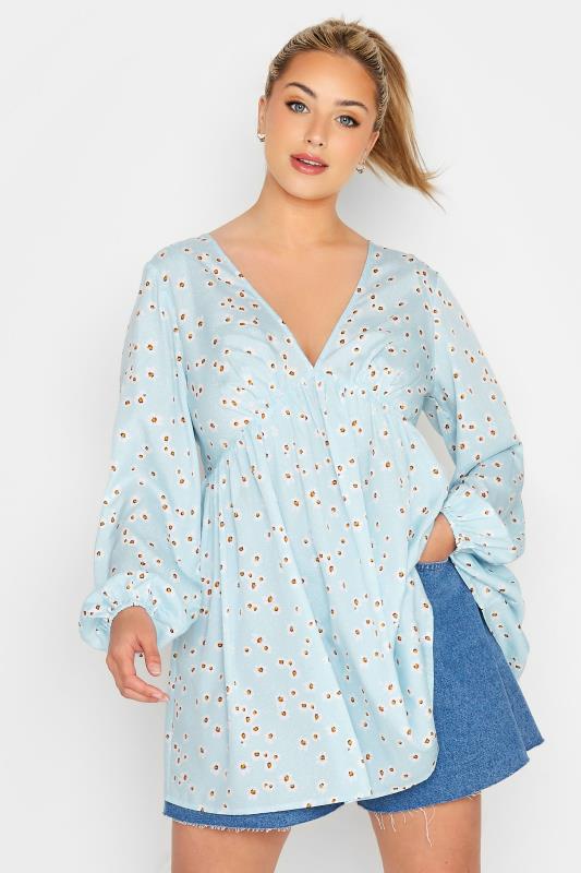 LIMITED COLLECTION Plus Size Blue Daisy Print V-Neck Smock Blouse | Yours Clothing 4