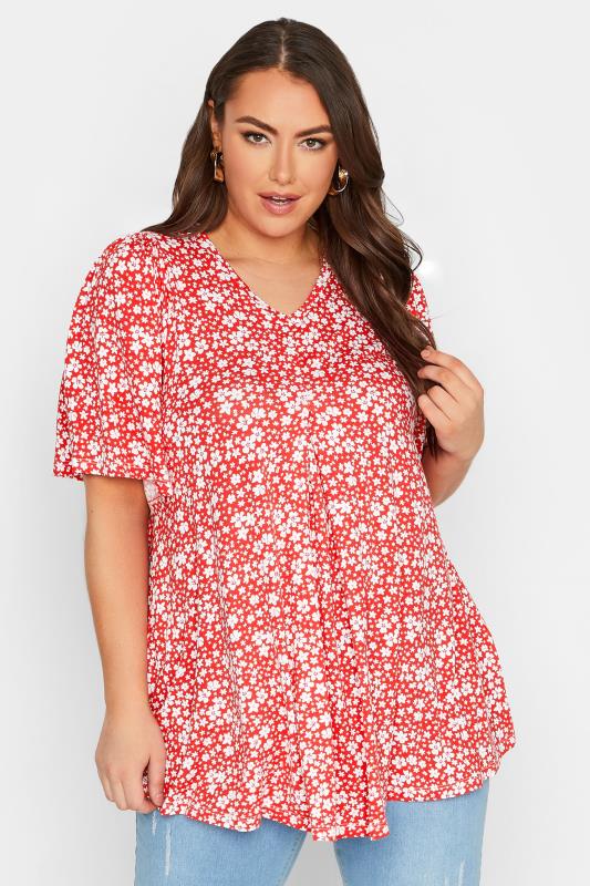 YOURS Plus Size Red Floral Pleat Front Swing Top | Yours Clothing 1