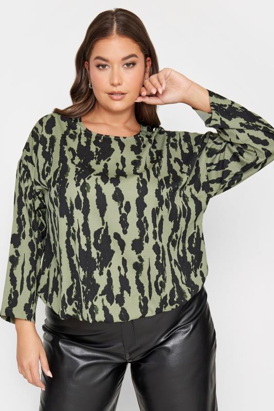 Plus Size  YOURS Curve Khaki Green Abstract Print Top