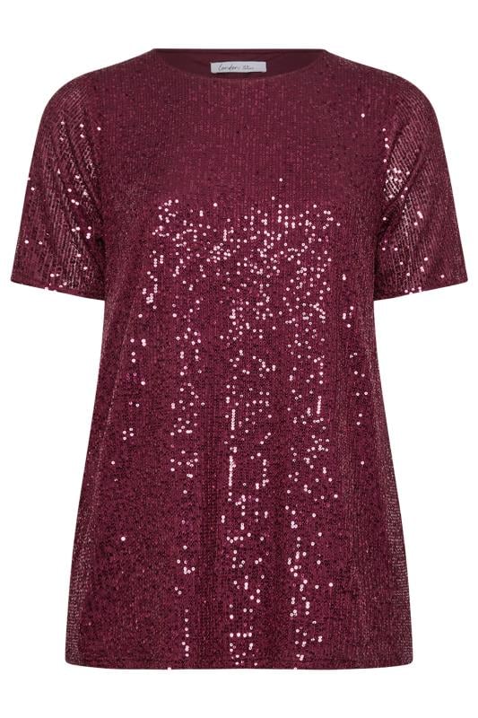 YOURS LONDON Plus Size Burgundy Red Sequin Swing Top | Yours Clothing 5