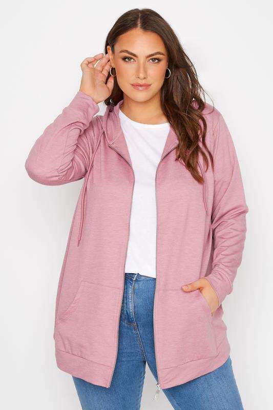 Plus Size  YOURS Curve Pink Marl Zip Through Hoodie