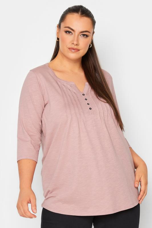 Plus Size YOURS Blush Pink Pintuck Button Henley T-Shirt | Yours Clothing 1