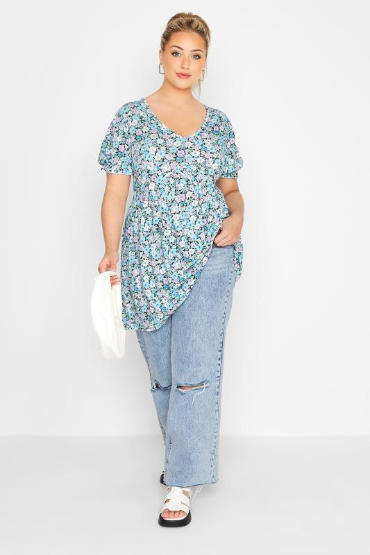 LIMITED COLLECTION Curve Blue Floral Print Puff Sleeve Smock Top | Yours Clothing 2