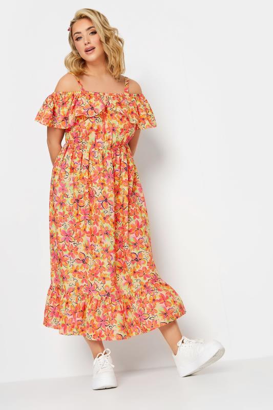 LIMITED COLLECTION Plus Size Orange Floral Frill Cold Shoulder Midi Dress | Yours Clothing 4