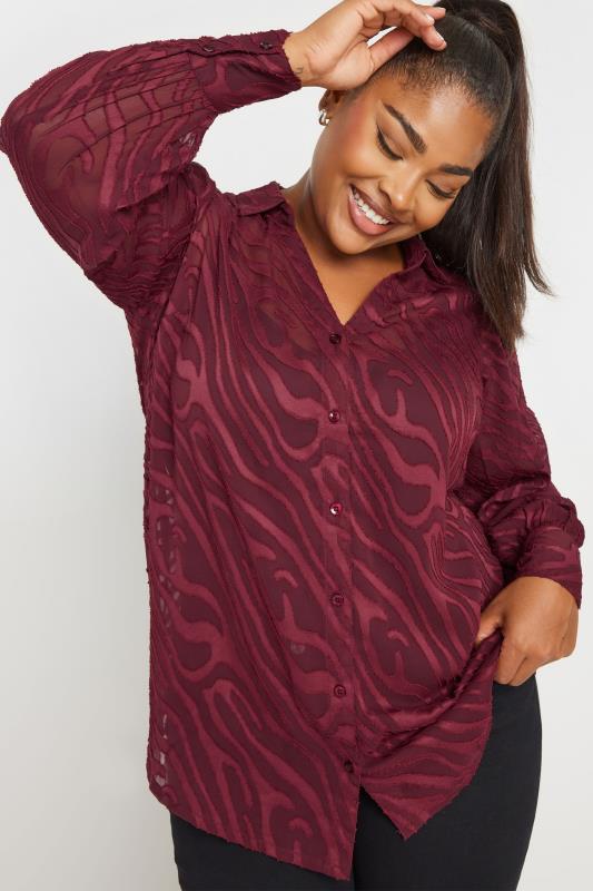 Plus Size  YOURS Curve Burgundy Red Burnout Mesh Shirt