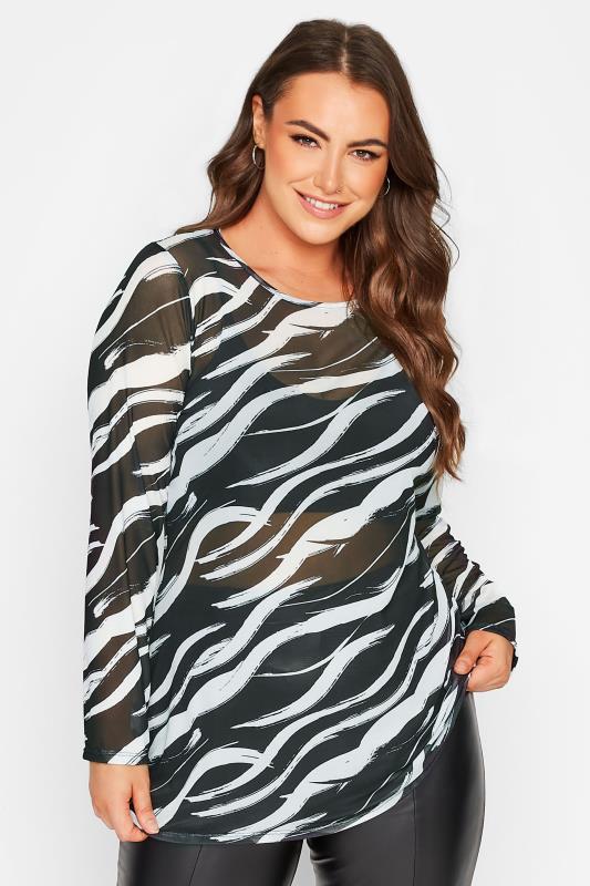 Plus Size  Curve Black & White Abstract Print Long Sleeve Mesh Top