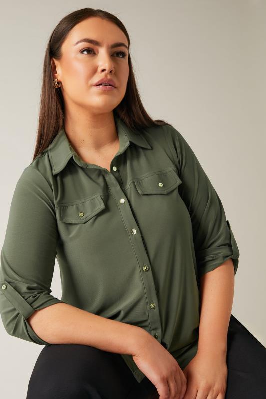 Evans Plus Size Khaki Green Tab Sleeve Blouse | Evans 4