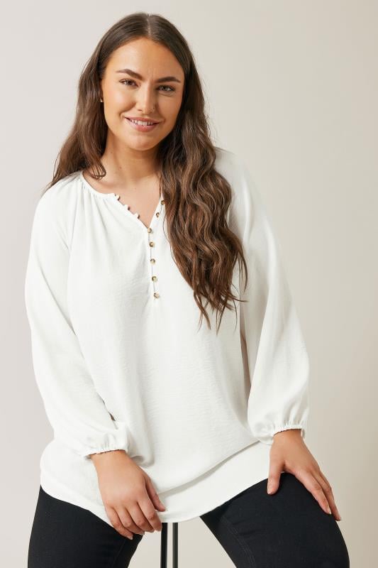 EVANS Plus Size White Button Front Long Sleeve Blouse | Evans 1