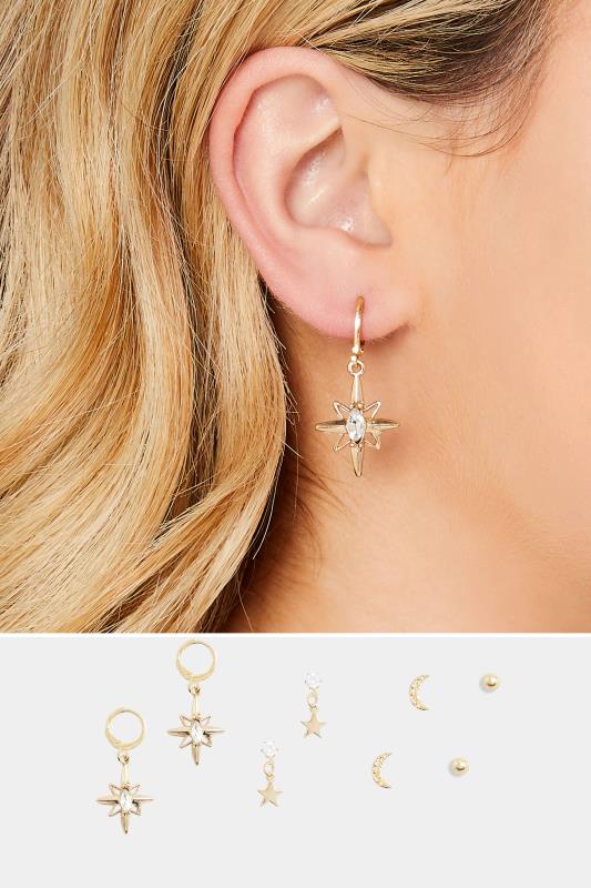 4 PACK Gold Star Diamante Earrings Set | Yours Clothing 1