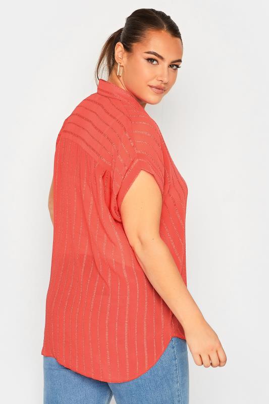 YOURS Curve Plus Size Coral Pink Short Sleeve Stripe Shirt | Yours Clothing 3