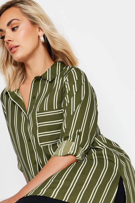 YOURS Plus Size Khaki Green Stripe Print Boyfriend Shirt | Yours Clothing  4