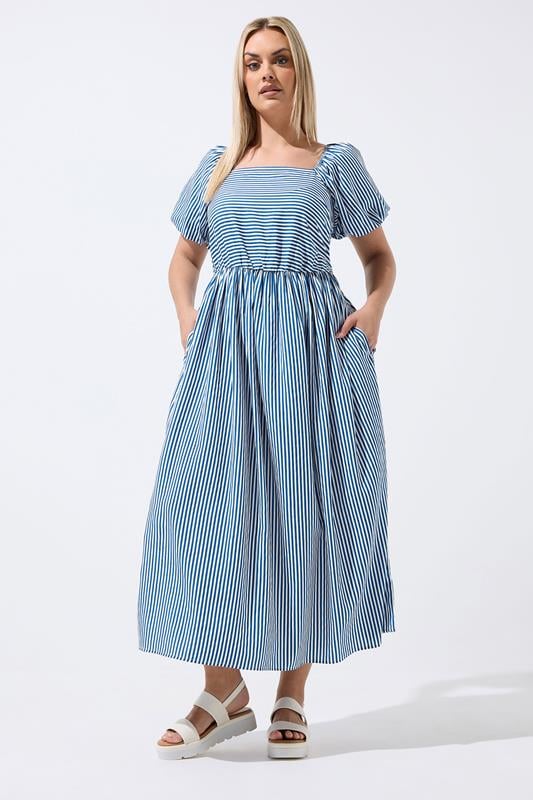  LIMITED COLLECTION vestido de manga abullonada con rayas azules y diseño curvo