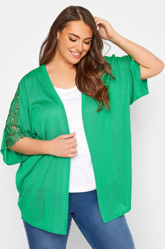 Plus Size Green Lace Sleeve Kimono Cardigan | Yours Clothing  1