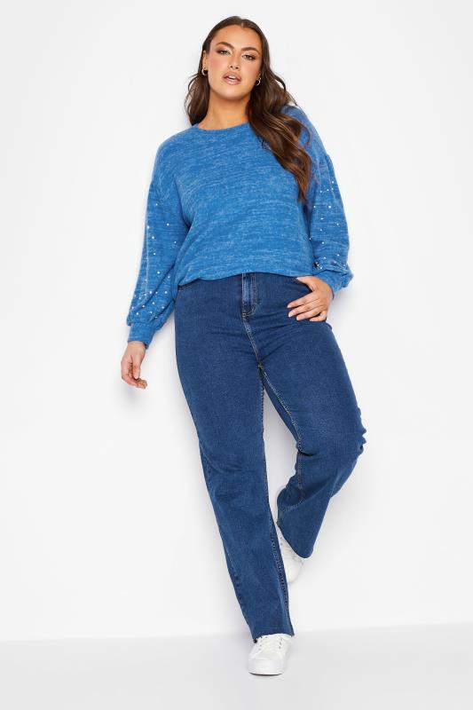 Plus Size Blue Pearl & Diamante Embellished Sleeve Jumper | Yours Clothing  2