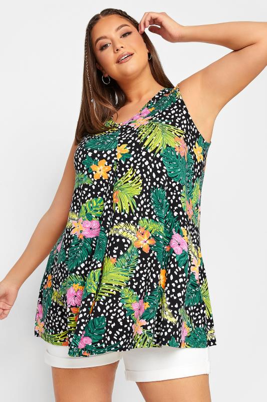 YOURS Curve Plus Size Green Floral Mixed Print Vest Top | Yours Clothing  1