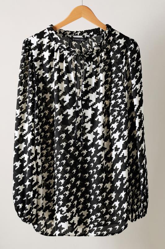 EVANS Plus Size Black Dogtooth Print Tie Neck Blouse | Evans 5