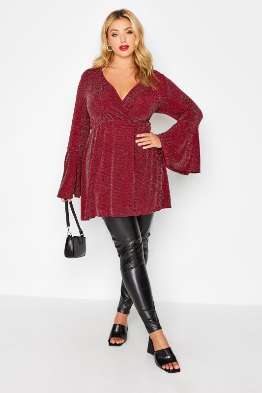 LIMITED COLLECTION Plus Size Red Glitter Wrap Top | Yours Clothing  2