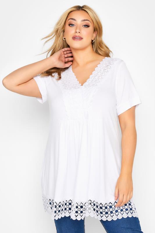  Grande Taille YOURS Curve White Crochet Detail Peplum Tunic Top