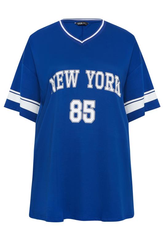 YOURS Curve Blue 'New York' Slogan Varsity Tunic Top | Yours Clothing 6