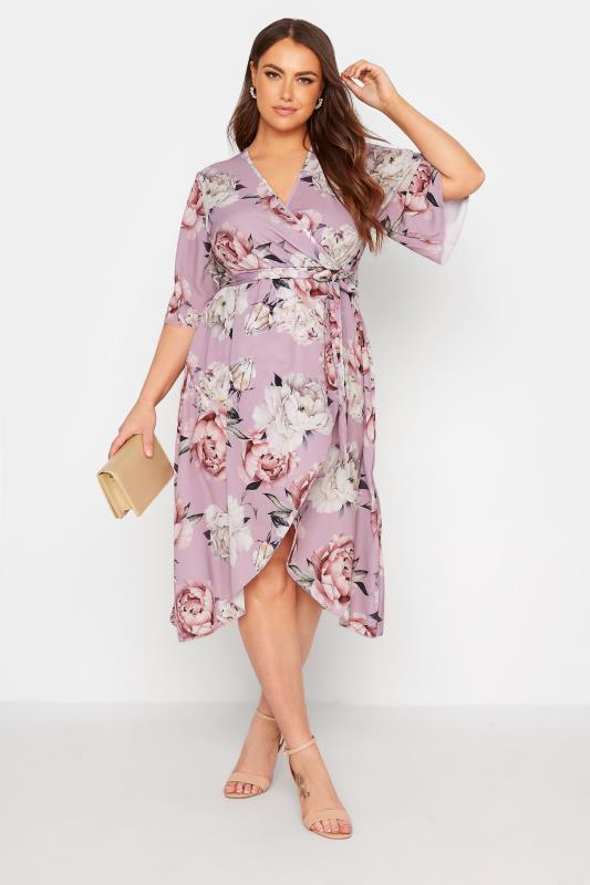 YOURS LONDON Plus Size Pink Floral Print Midi Wrap Dress | Yours Clothing 1