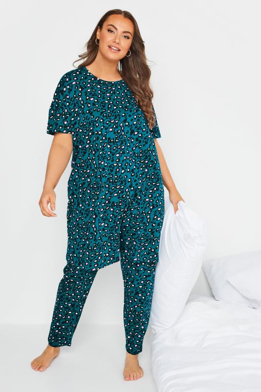 Plus Size Teal Green Leopard Print Sleep Tee Nightdress | Yours Clothing 2