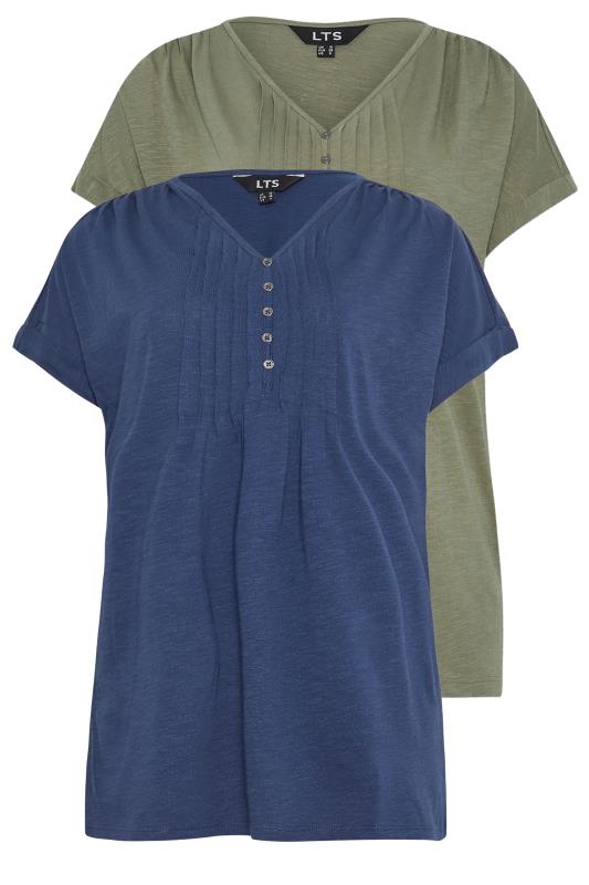  Grande Taille LTS 2 PACK Tall Navy Blue & Khaki Green Cotton Henley T-Shirts