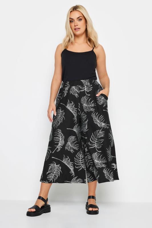 YOURS Plus Size Black Leaf Print Wide Leg Trousers | Yours Clothing 2
