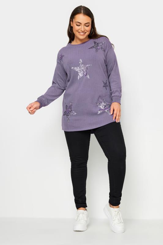 YOURS LUXURY Curve Purple Star Sequin Sweatshirt | Yours Clothing 2