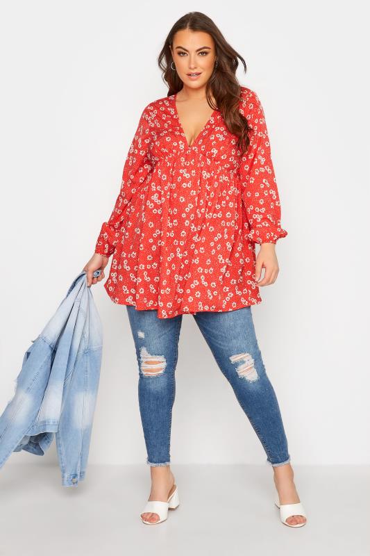 LIMITED COLLECTION Curve Red Floral Print Plunge Peplum Blouse 2