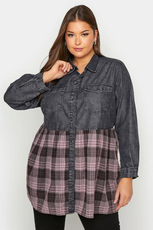 Plus Size Grey & Pink Check Print Peplum Denim Shirt | Yours Clothing 1