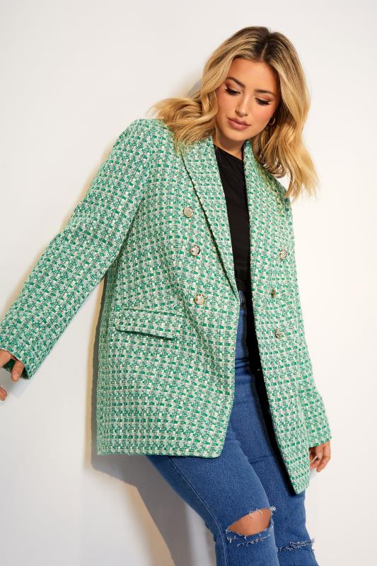 YOURS Plus Size Green Check Boucle Blazer | Yours Clothing 1