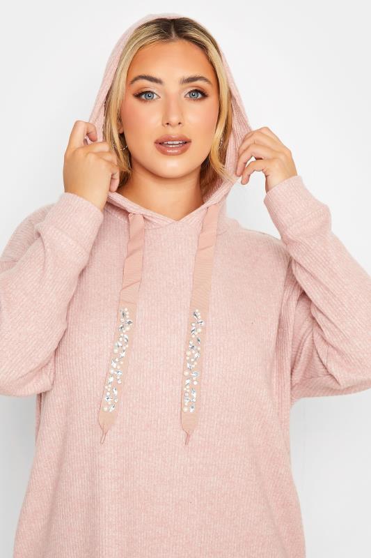 YOURS LUXURY Curve Light Pink Sequin Embellished Drawstrings Ribbed Hoodie Dress 4