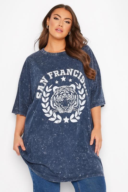 Plus Size  Curve Navy Blue Acid Wash 'San Francisco' Oversized Tunic T-Shirt