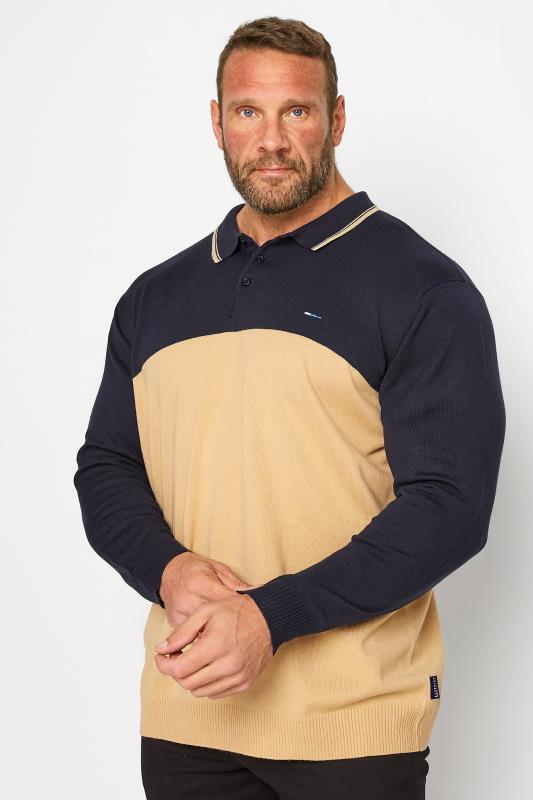 BadRhino Big & Tall Navy Blue Colour Block Long Sleeve Knitted Polo Shirt | BadRhino 1