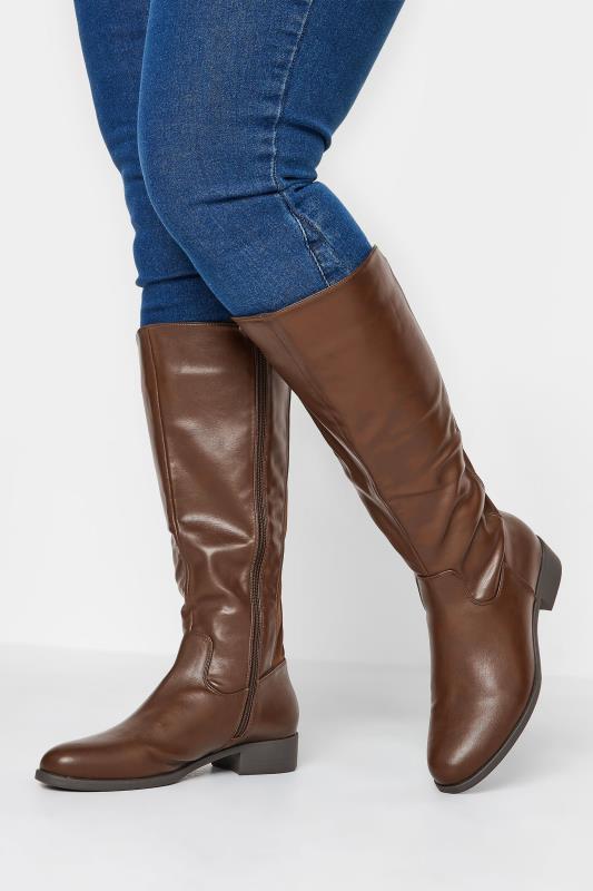 Plus Size  Chocolate Brown PU Stretch Heeled Knee High Boots In Wide E Fit & Extra Wide EEE Fit