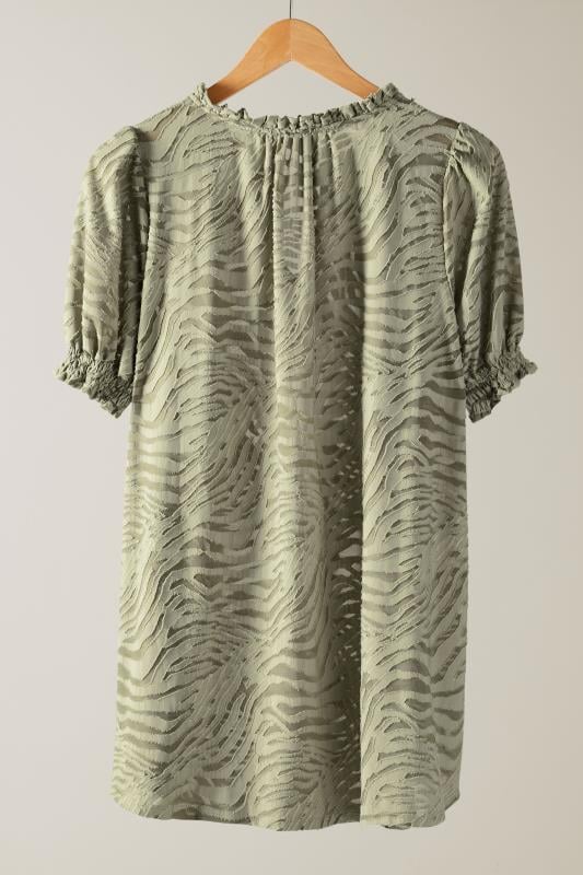 EVANS Plus Size Khaki Green Burnout Print Tie Neck Blouse | Evans 7