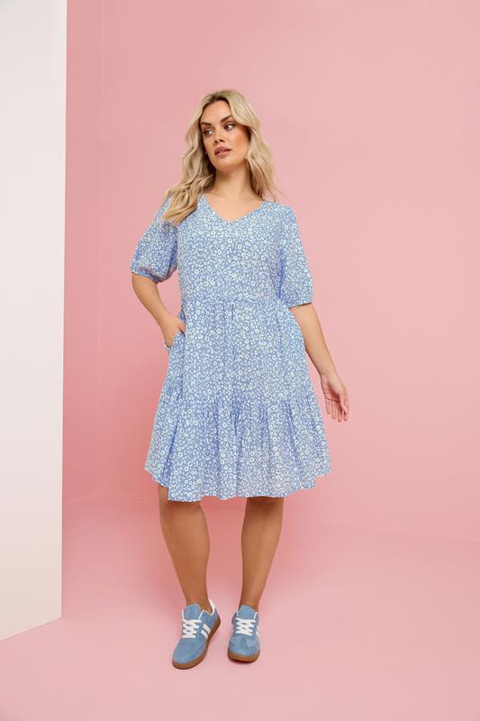 YOURS Plus Size Blue Ditsy Tiered Smock Dress 1