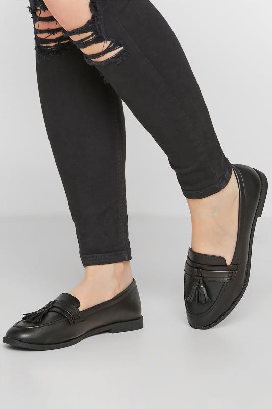Tall  PixieGirl Black Faux Leather Tassel Loafers In Standard D Fit