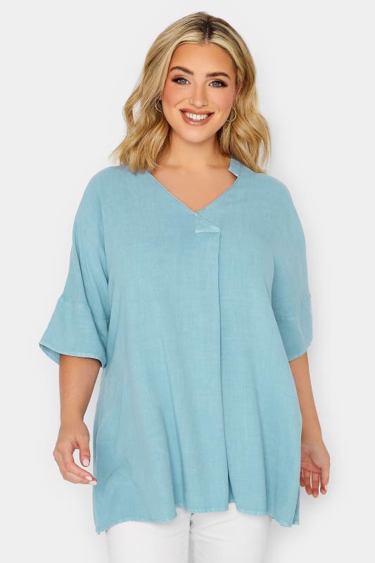 YOURS Curve Plus Size Blue Pleat Front Chambray Shirt | Yours Clothing  2