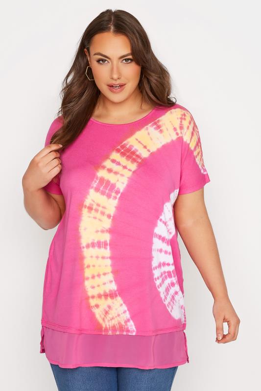 Plus Size Pink Tie Dye Grown On Sleeve Top | Yours Clothing 1