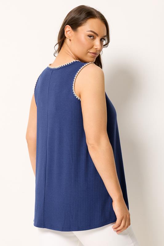YOURS Plus Size Cobalt Blue Contrast Blanket Stitch Ribbed Vest Top | Yours Clothing 2