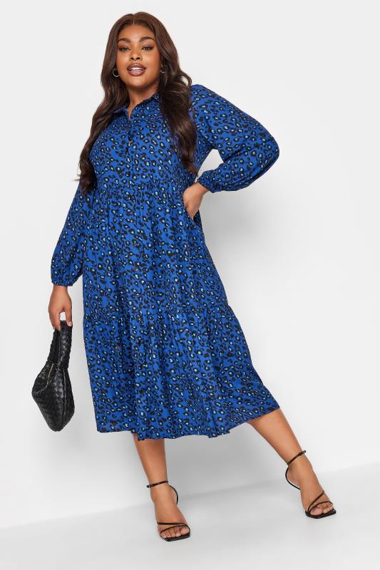 YOURS Plus Size Blue Leopard Print Button Through Midi Dress | Yours Clothing 2