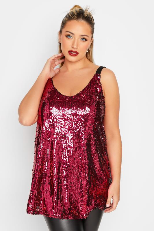 YOURS LONDON Plus Size Red Sequin Embellished Cami Top | Yours Clothing 1