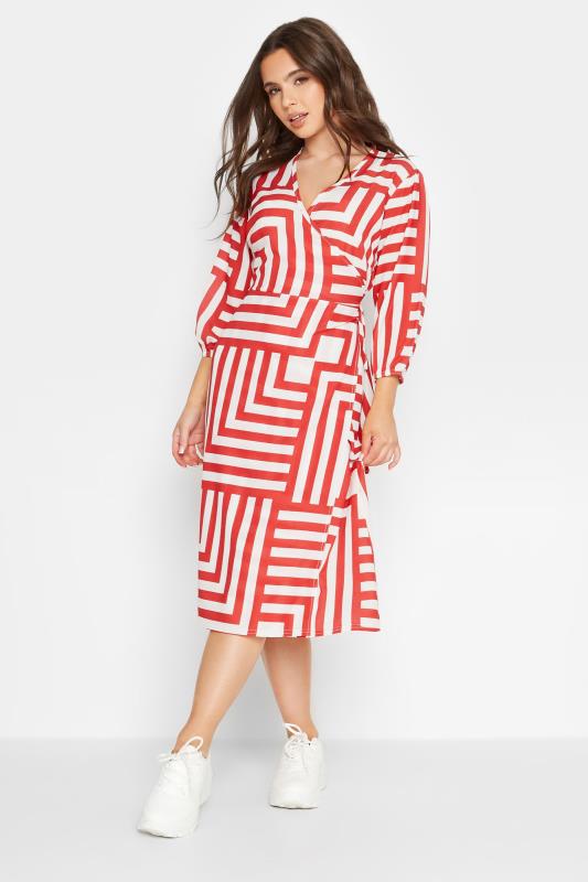 Petite Red Geometric Print Wrap Dress | PixieGirl 1